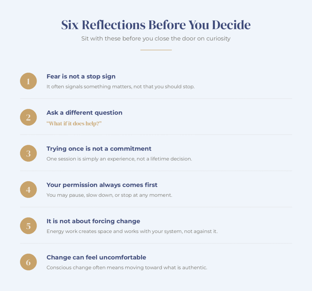 Infographic listing six reflections to consider before starting energy healing, including fear is not a stop sign, ask a different question, and your permission always comes first.