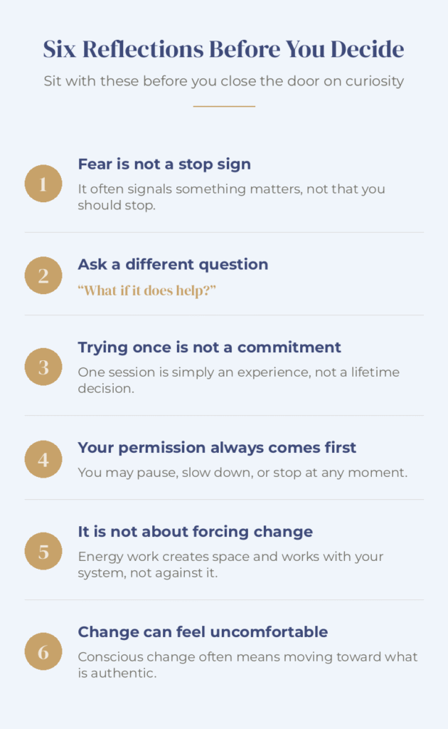 Mobile infographic listing six reflections to consider before starting energy healing, including fear is not a stop sign, ask a different question, and your permission always comes first.