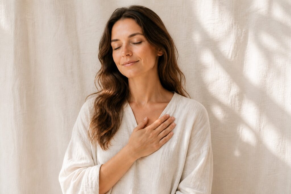 Woman in white linen top with eyes closed and hand on heart, practising energy healing and self-love