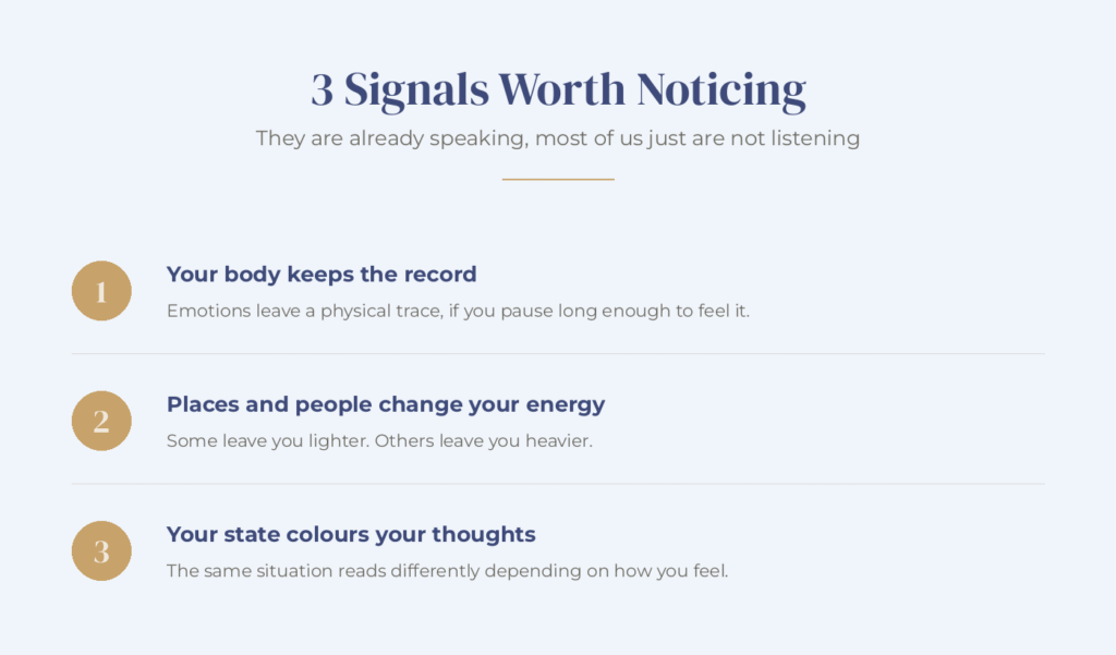 Infographic showing 3 signals worth noticing, your body keeping the record, places and people changing your energy, and your state colouring your thoughts.