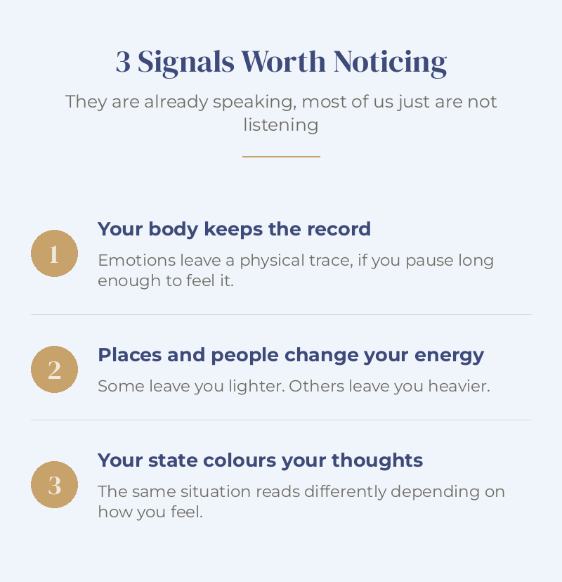 Infographic showing 3 signals worth noticing, your body keeping the record, places and people changing your energy, and your state colouring your thoughts.