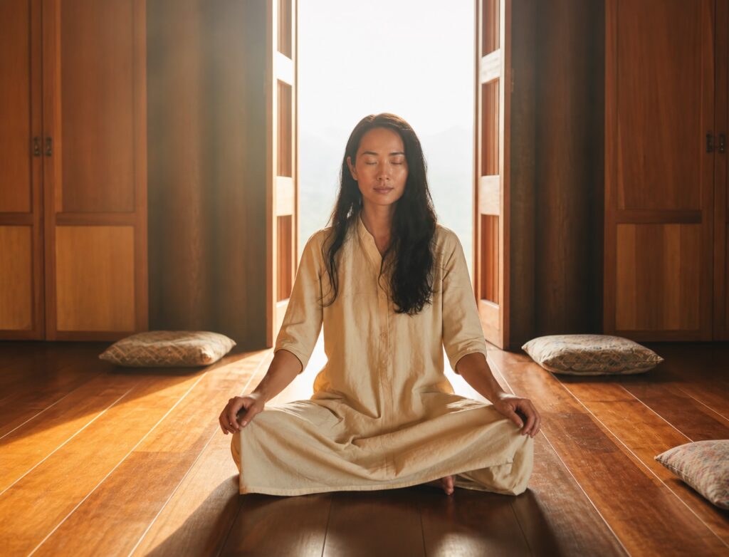 Woman sitting cross-legged on a wooden floor in meditation, eyes closed, facing open doors flooded with warm golden light