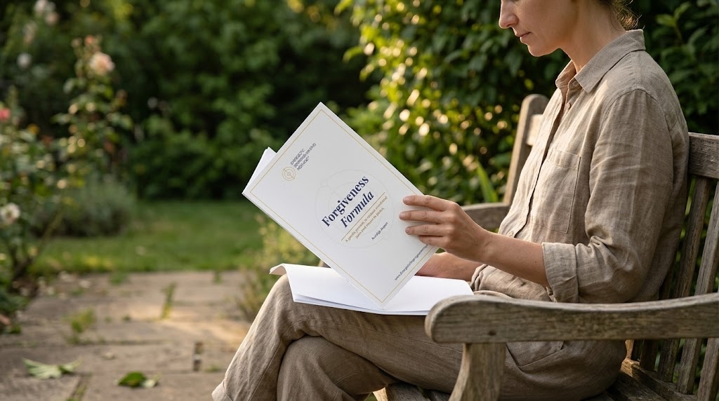Woman sitting on a garden bench reading the Forgiveness Formula workbook by Aurelija Aspen, Energetic Reprogramming Method™