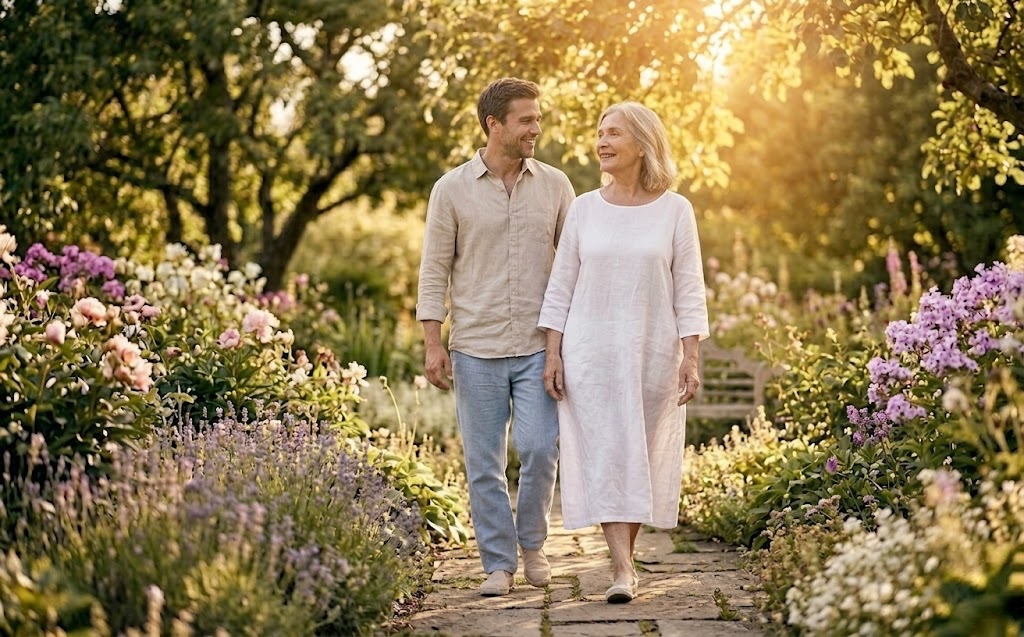 Two generations walking together through a sunlit garden in golden light, a mother and her grown up son