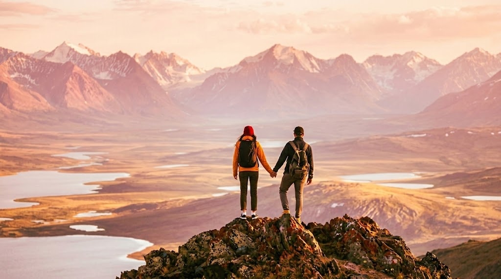 A couple standing hand in hand on a mountain summit, looking out over a vast open valley bathed in warm golden-pink light, reflecting the idea that emotional maturity is an ongoing journey rather than a fixed destination.