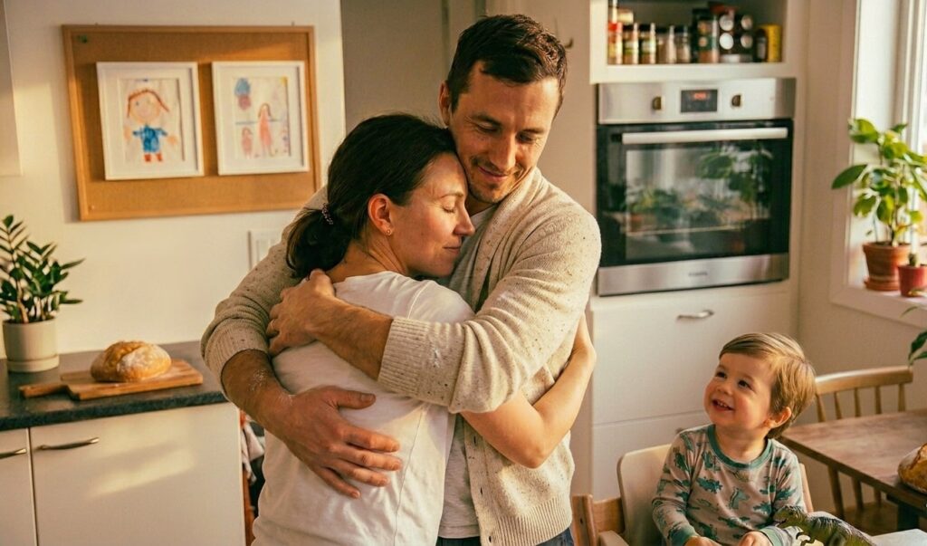 A man embracing his partner warmly in a family kitchen while their young child smiles nearby, reflecting emotional maturity expressed through presence, protection and quiet strength.