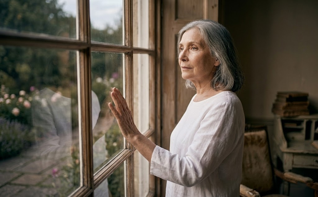 Older woman standing at a window in quiet reflection, representing the weight of unresolved resentment and the longing to be free from the past