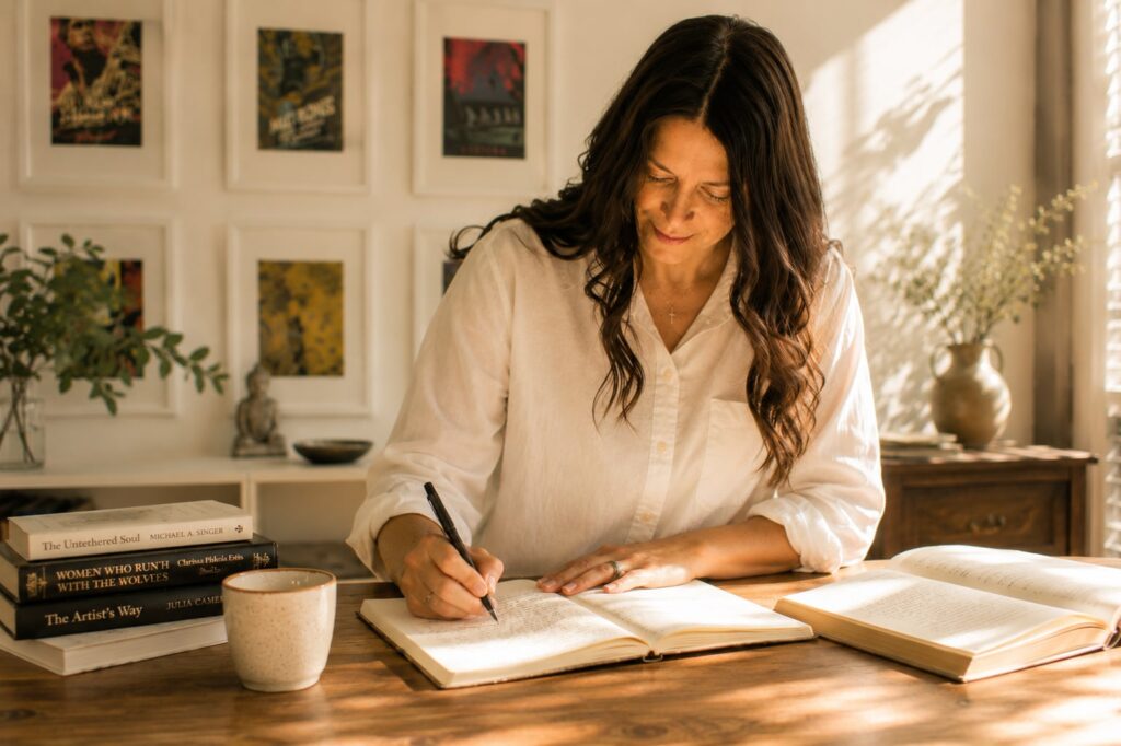 A woman writing in a journal at a sunlit wooden desk surrounded by books, focused and present, reflecting the shift from pleasing others to honouring her own inner knowing.