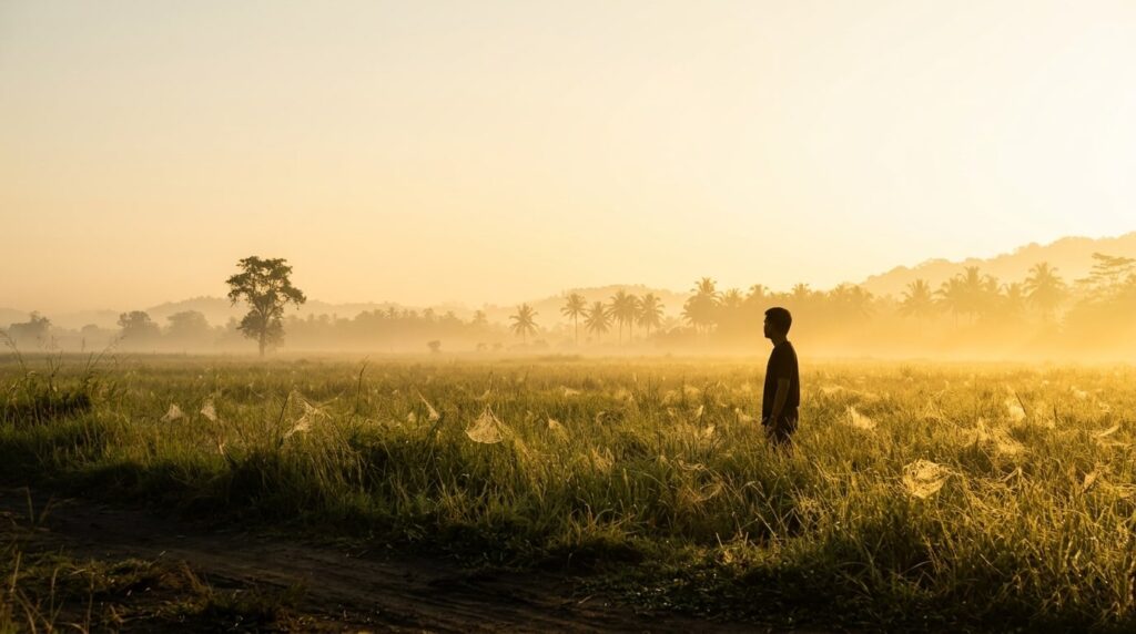 Person standing alone in a vast misty field at dawn, representing the inner experience of searching for answers before discovering the access to subconscious patterns