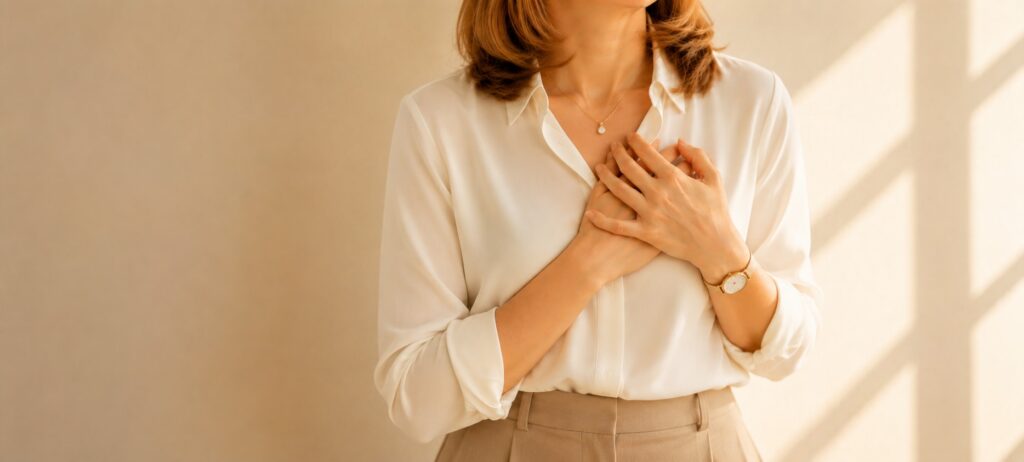 A woman in a white blouse with both hands resting on her chest in warm natural light, representing the body as a messenger of subconscious emotional patterns