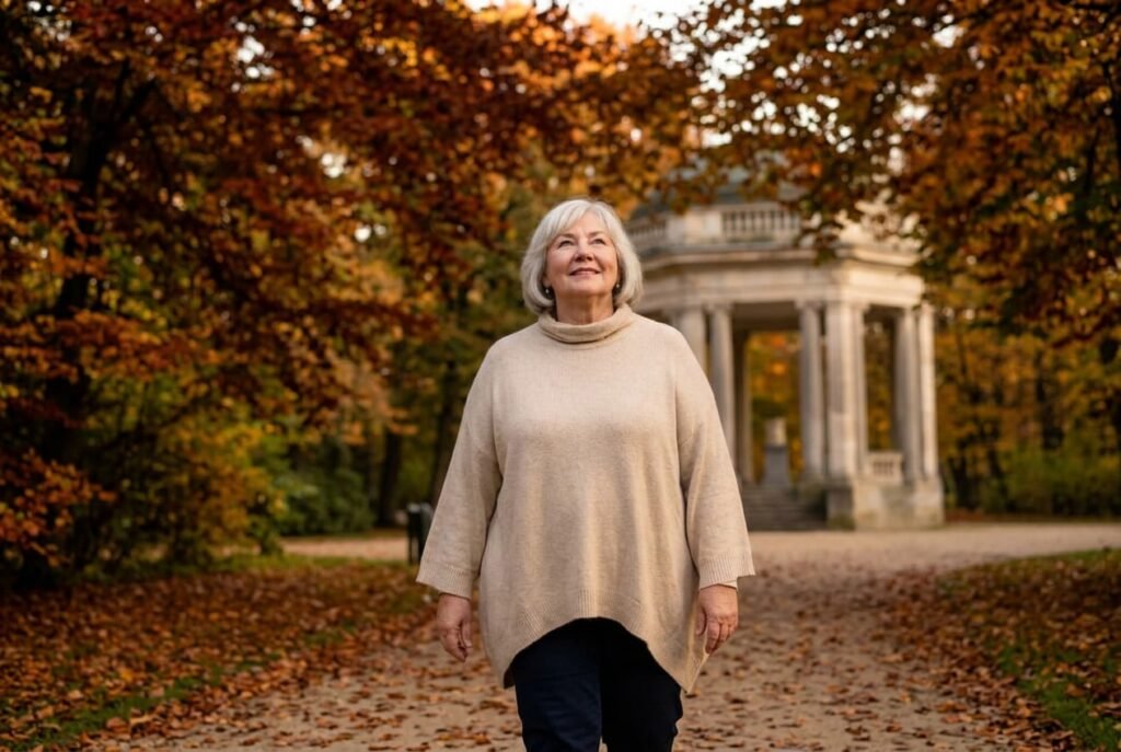 A silver-haired woman in her sixties walking alone through an autumn park in warm golden light, looking upward with a soft open expression, representing the release of inherited grief and the return to herself