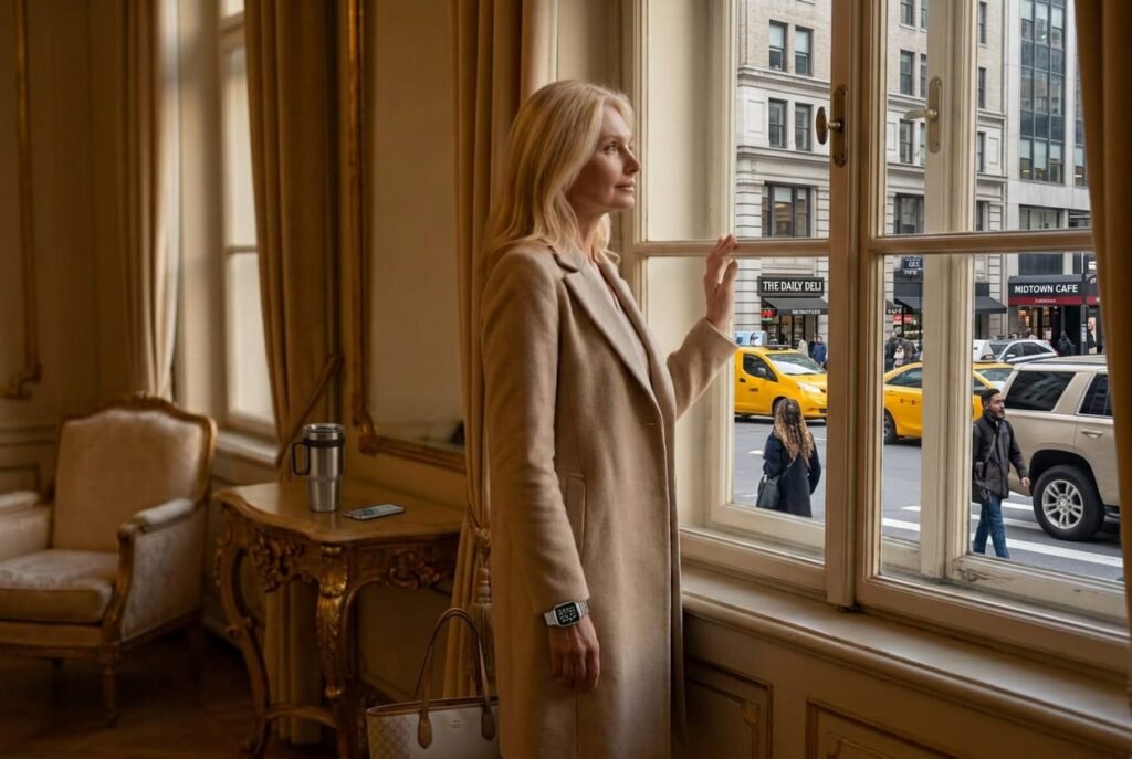 An elegant blonde woman in her sixties standing by a large window in a refined interior, looking out at a busy city street, representing the moment of realising that an image built for others has come at too high a price