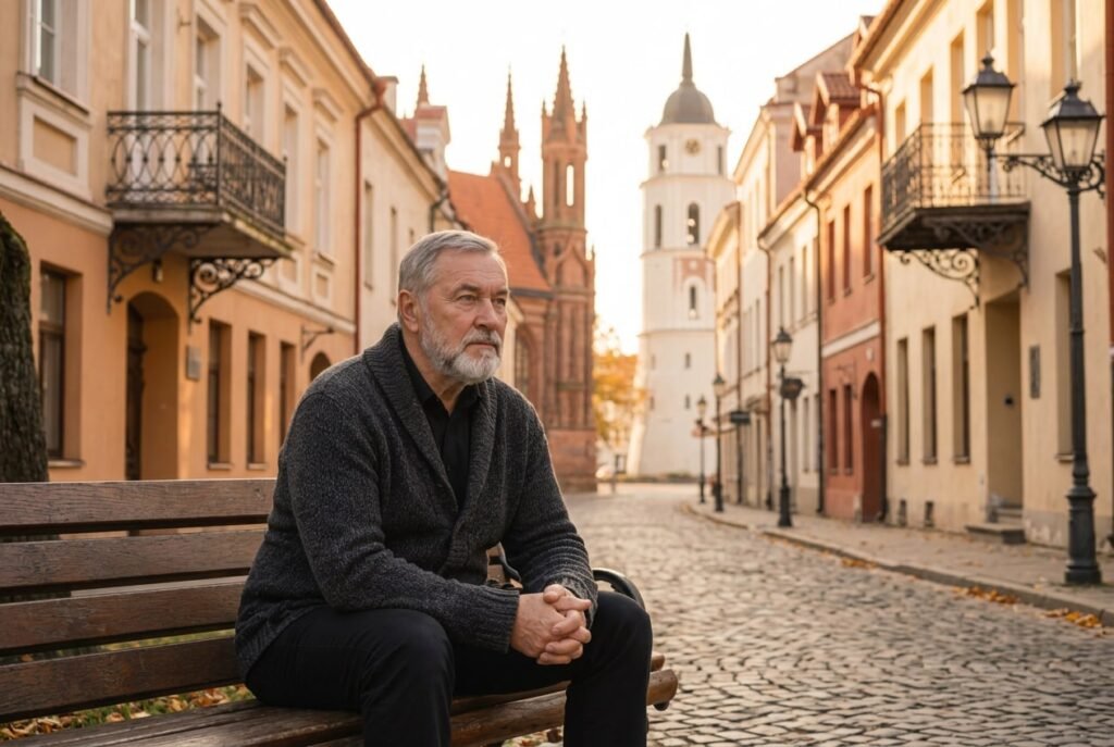 An older man in his sixties sitting on a wooden bench on a cobblestone street in warm autumn light, hands clasped, looking thoughtfully to the side, representing quiet inner strength and the journey toward emotional healing