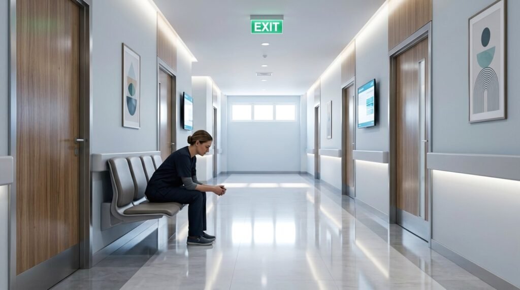 A woman sits alone on a bench in a long, empty hospital corridor, a quiet moment before everything begins to shift