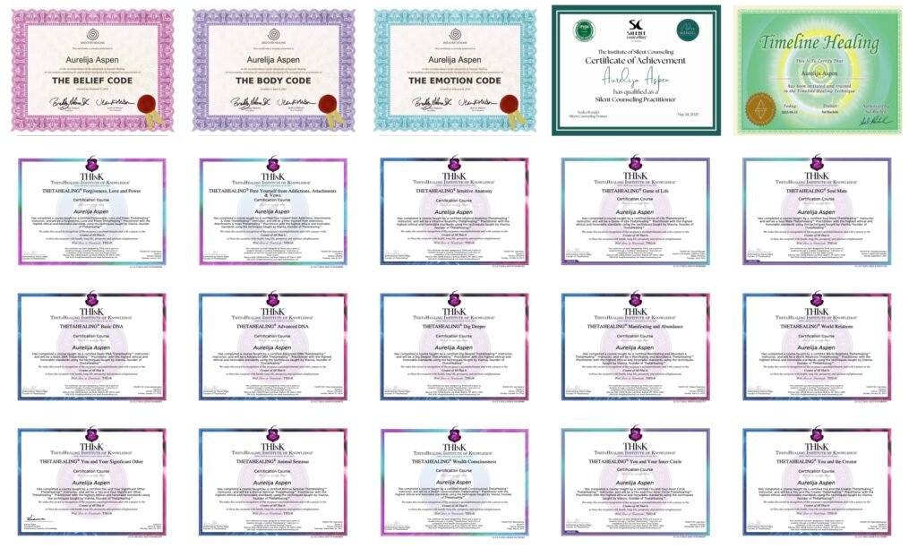 A collage of Aurelija Aspen's certifications in energy healing modalities, including The Belief Code®, The Body Code®, The Emotion Code®, Silent Counselling®, Timeline Healing, and multiple ThetaHealing® certification courses.