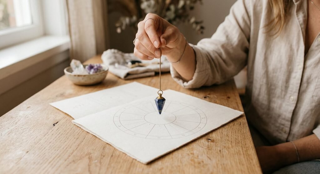 A hand holding a pendulum suspended over a chart on a wooden desk, illustrating the pendulum-based muscle testing technique used in practices such as Spiritual Response Therapy.